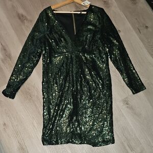 Charlotte Russe Emerald Green Sequin Long Sleeve V-Neck Dress